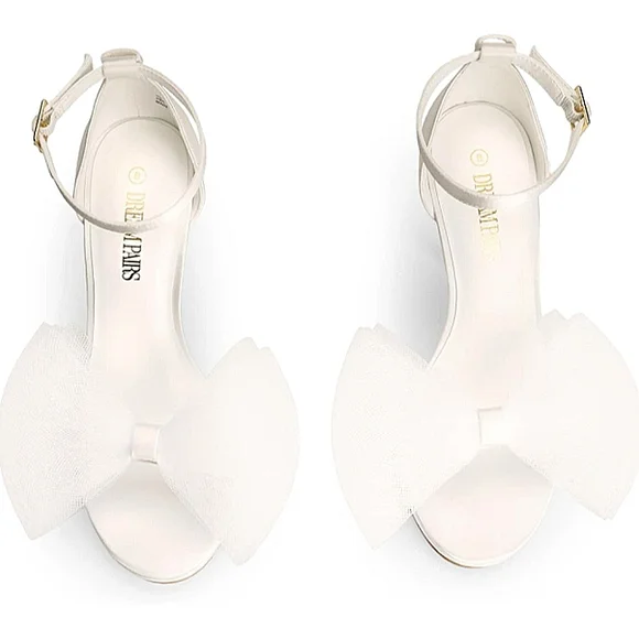 Like New Dream Pairs White Satin Stiletto Dress Sandals with Detachable Bow - Picture 13 of 15